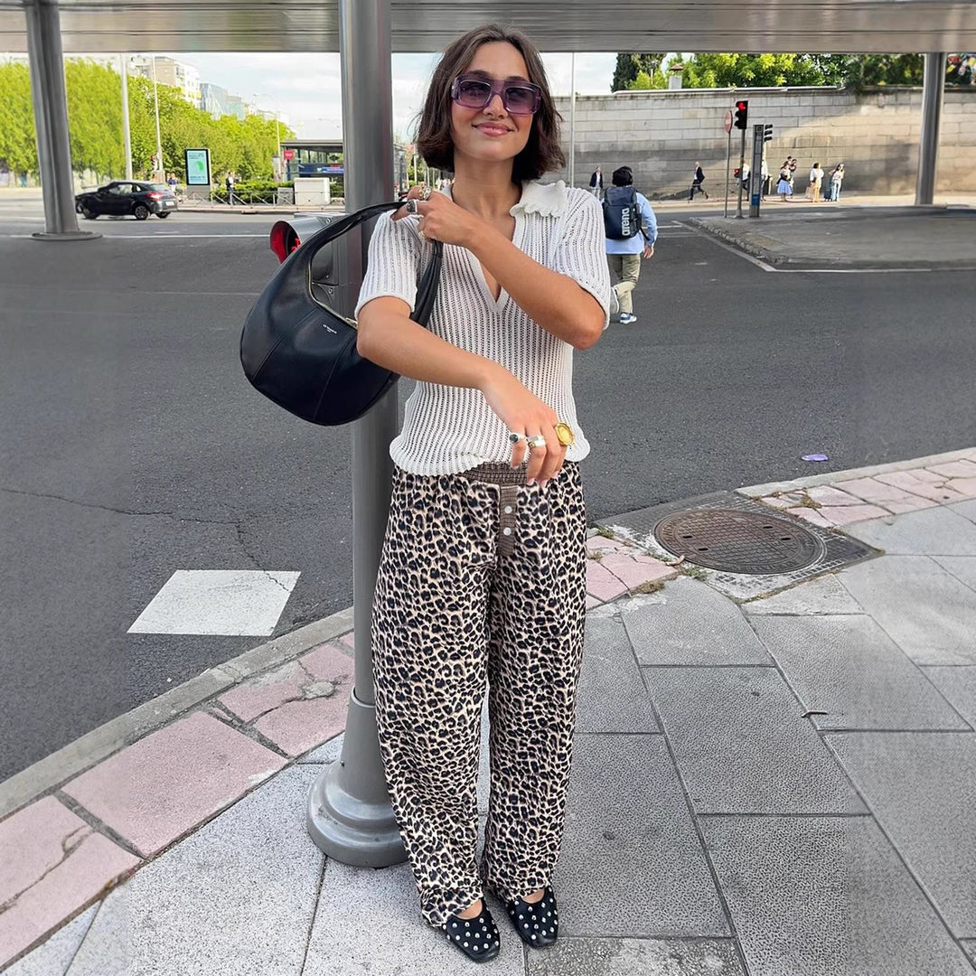 Damen Locker geschnittene Palazzohose mit Smokbund, Tunnelzug und Leopardenmuster Drune