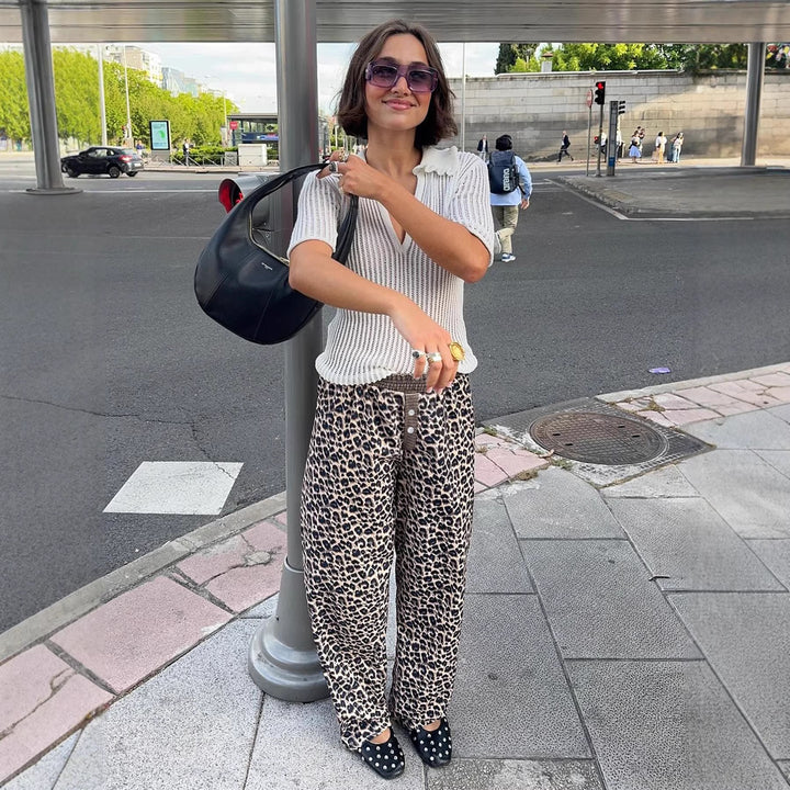Damen Locker geschnittene Palazzohose mit Smokbund, Tunnelzug und Leopardenmuster Drune