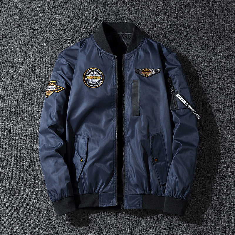 Men's  vintage aviation patch lightweight flight bomber jacket with ribbed collar and zip sleeve pocket Drune