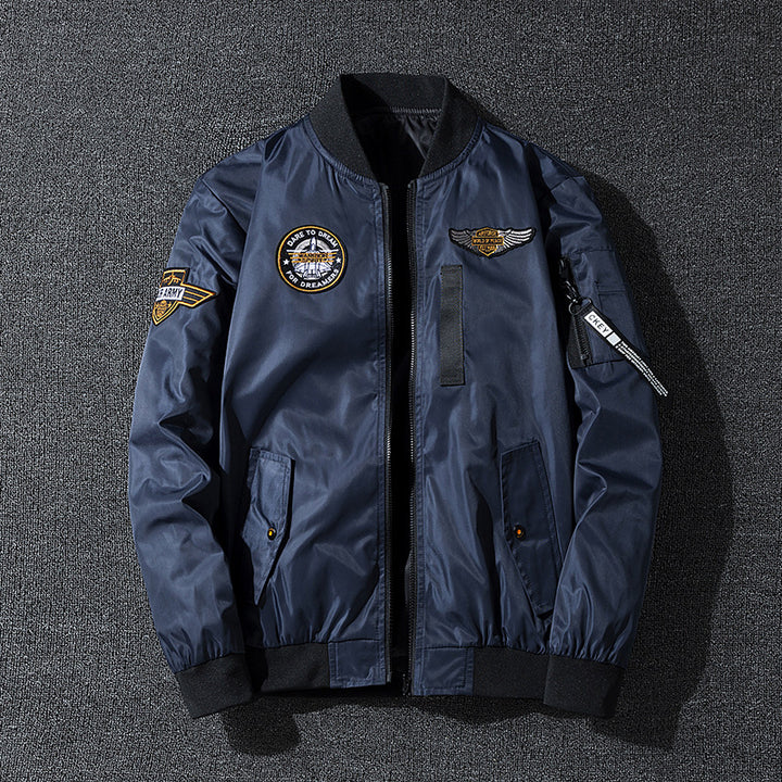 Men's  vintage aviation patch lightweight flight bomber jacket with ribbed collar and zip sleeve pocket Drune