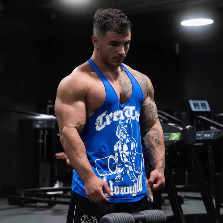 Herren nan figurbetontes Fitness-Tanktop mit Bulldoggen-Grafik und extra tiefen Armausschnitten Drune