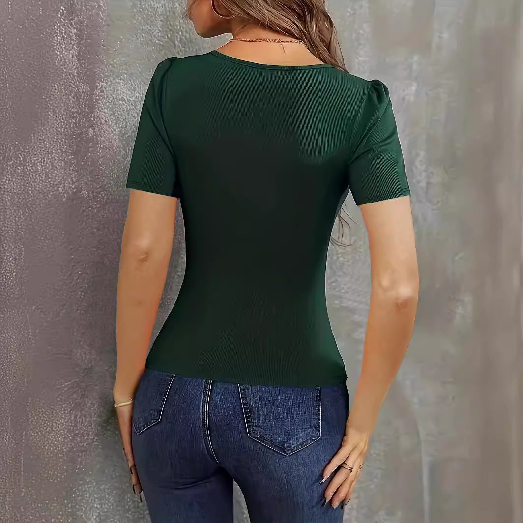 Damen figurbetontes Bodysuit mit V-Ausschnitt und kurzen Ärmeln Drune