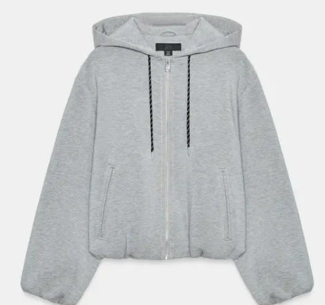 Damen Cropped Kapuzen‑Sweatjacke im Bomberstil mit Ballonärmeln Drune