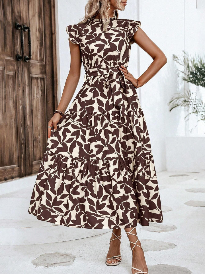 Damen Midikleid mit Stufenrock, geraffter Taillenbindung und Rüschenärmeln Drune