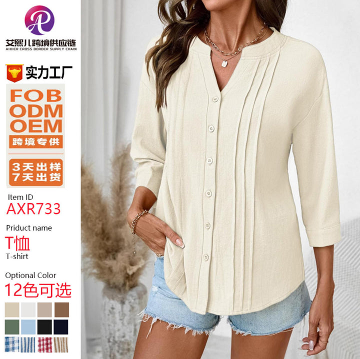 Damen Lockeres Tunikashirt mit Kellerfalten und dreiviertel Ärmeln Drune