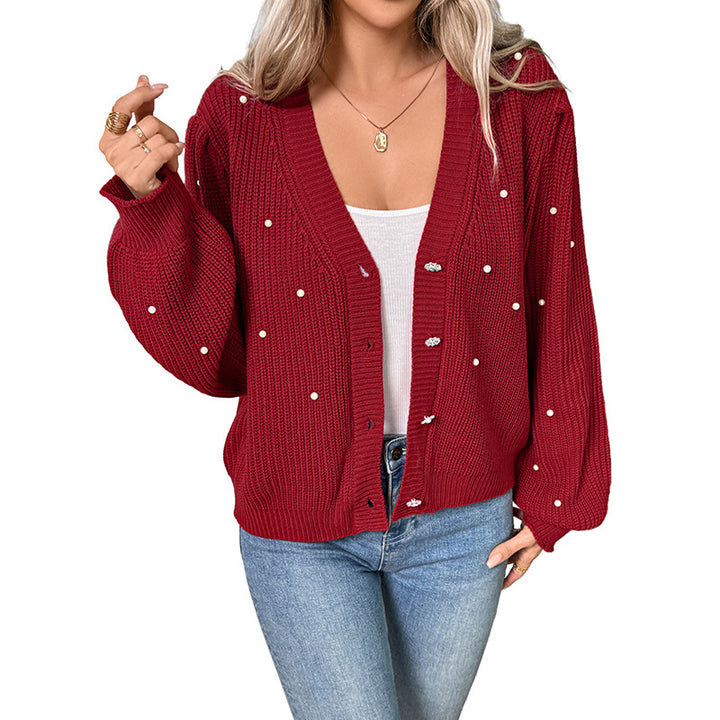 Damen Stilvolle Strickjacke mit Perlendetails Drune