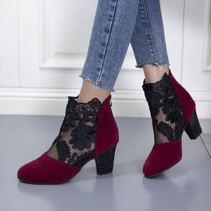 Damen elegante Ankle-Stiefeletten mit floralen Spitzenverzierungen Drune