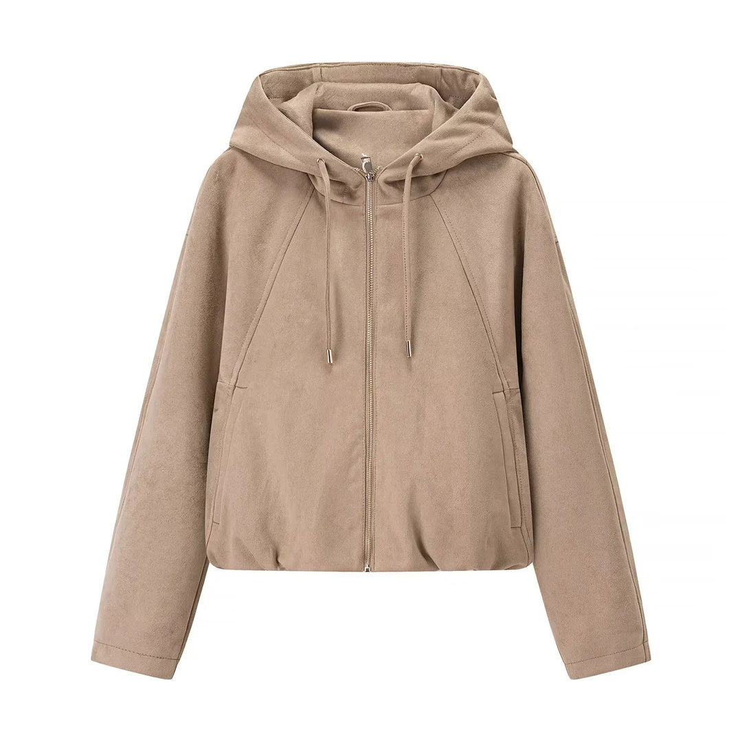 Damen nan kastige Veloursimitat-Kapuzenjacke mit verdecktem Reißverschluss und elastischem Saum Drune