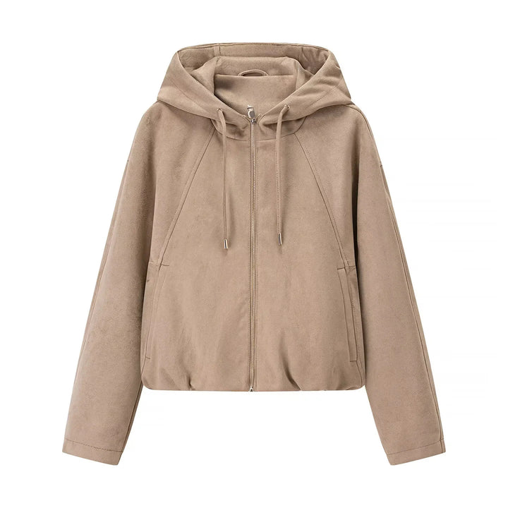 Damen nan kastige Veloursimitat-Kapuzenjacke mit verdecktem Reißverschluss und elastischem Saum Drune