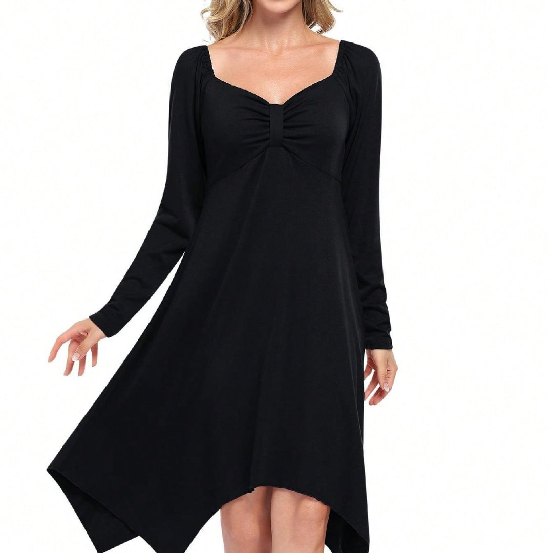 Damen asymmetrisches Longsleeve-Kleid mit gerafftem Bustier, Empire‑Naht und Zipfelsaum Drune
