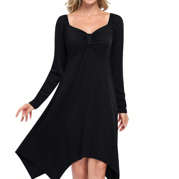 Damen asymmetrisches Longsleeve-Kleid mit gerafftem Bustier, Empire‑Naht und Zipfelsaum Drune