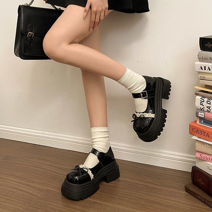 Damen Modische Mary Jane Schuhe mit dekorativer Schleife und robuster Plateau-Sohle Drune