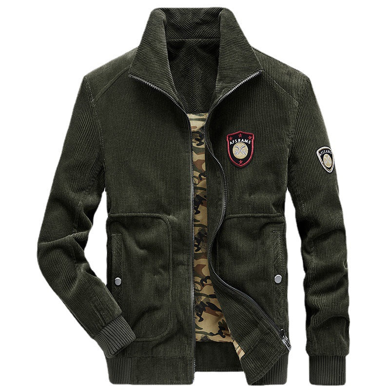 Herren Kordjacke mit Reißverschluss, Stehkragen und Camouflage-Futter Drune