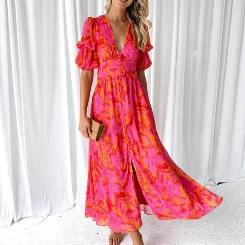 Damen Maxikleid mit floralem Print und tiefem V-Ausschnitt Drune