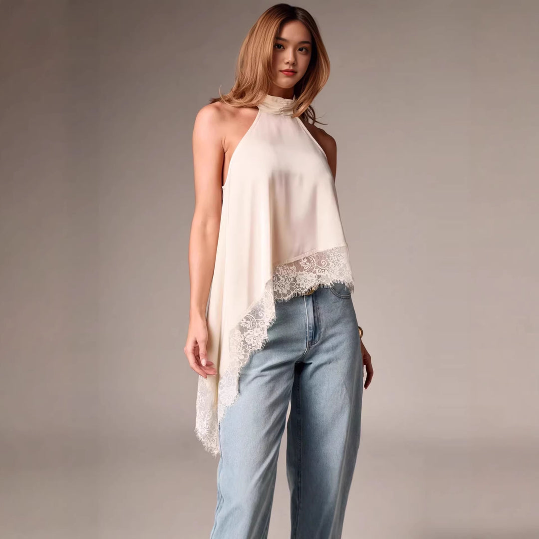 Damen luftiges Chiffon-Top mit eleganter Spitzenverzierung Drune