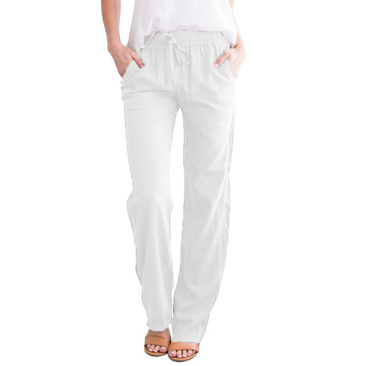 Damen Leichte Leinenoptik Palazzo-Hose mit Gummibund, Tunnelzug und Eingrifftaschen Drune