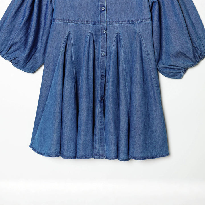 Damen nan weites Hemdkleid im Chambray‑Look mit Ballonärmeln und Taillenfalten Drune