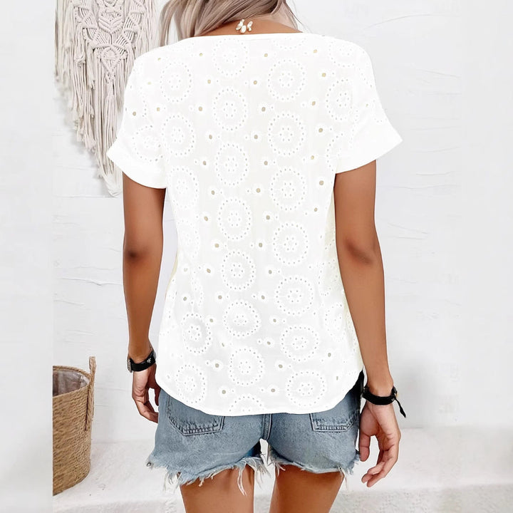 Damen Bluse mit floralen Lochstickereien und V-Ausschnitt Drune