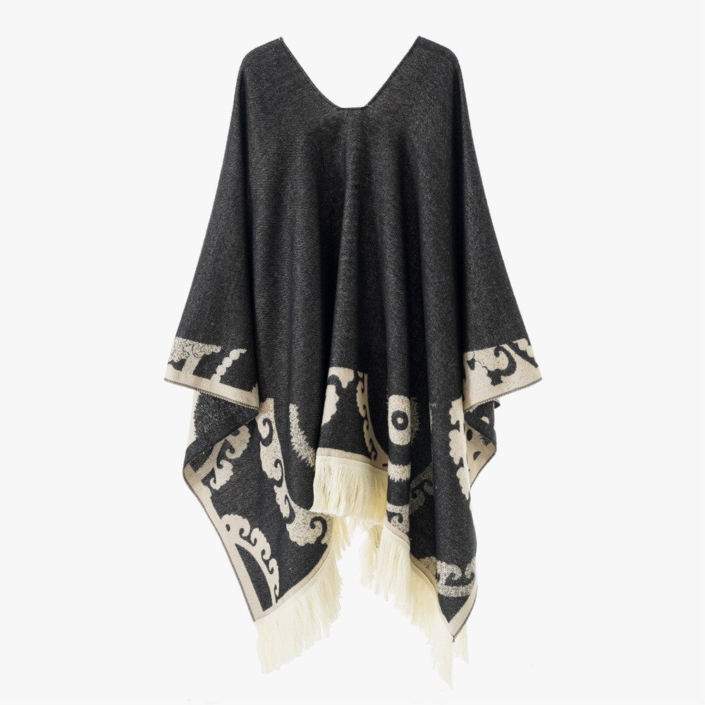 Damen Ornamentaler Jacquard‑Poncho mit V‑Ausschnitt und Fransensaum Drune