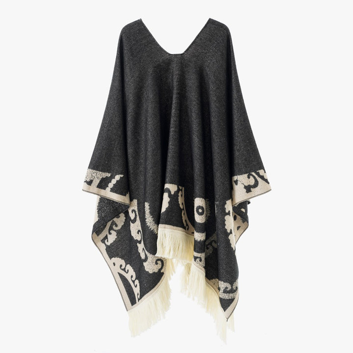 Damen Ornamentaler Jacquard‑Poncho mit V‑Ausschnitt und Fransensaum Drune