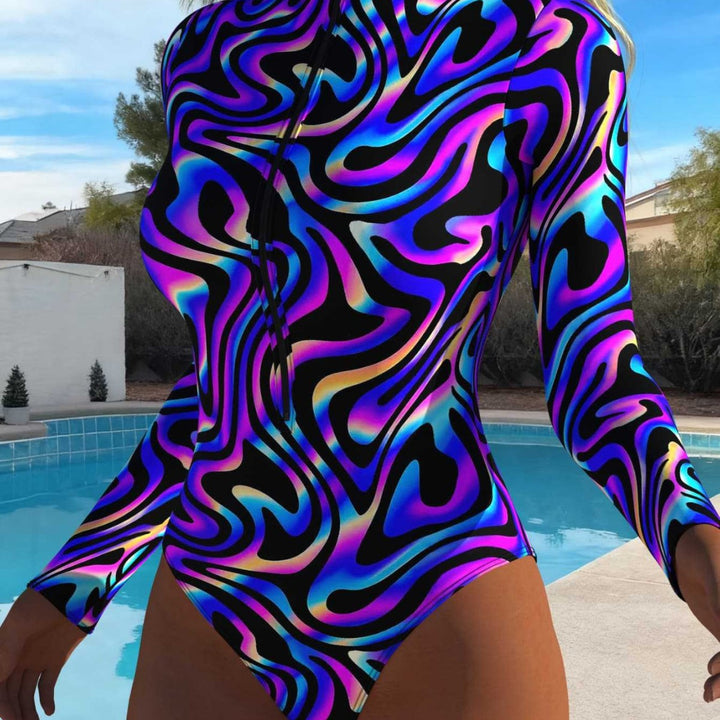 Damen eleganter Langarm-Schwimmanzug mit aufregendem Wellenmuster und hohem Kragen Drune