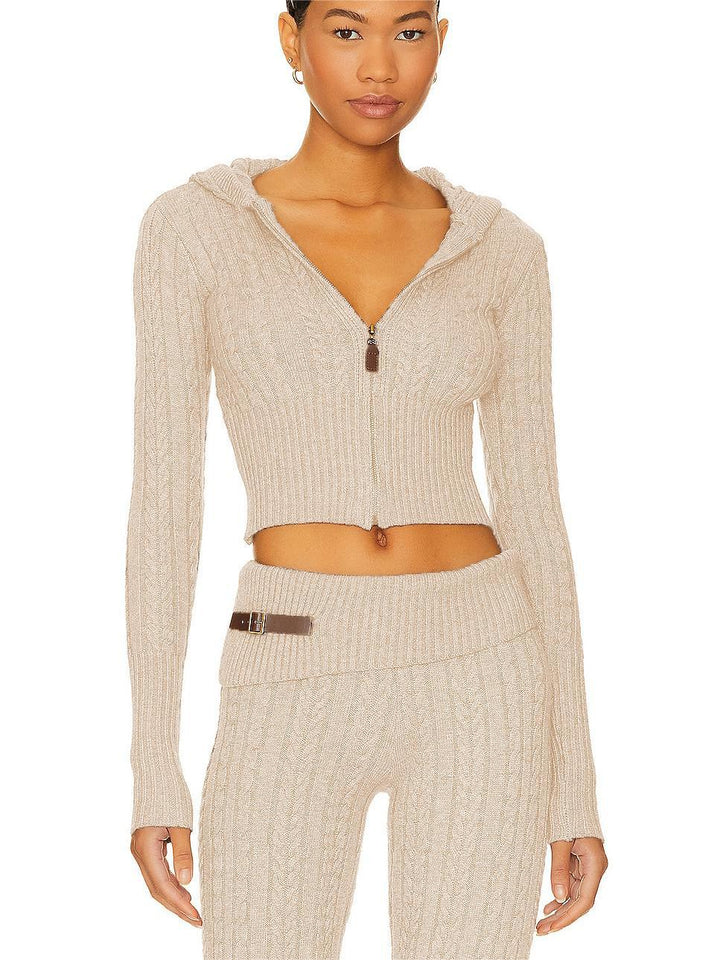 Damen Cropped Strickjacke mit Kapuze und hohem Kragen Drune
