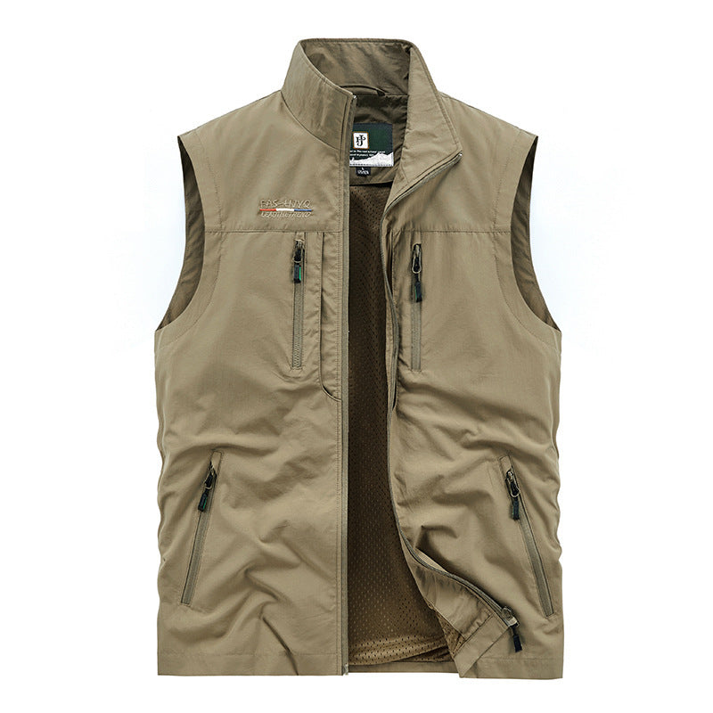Herren nan multifunktionale Outdoorweste mit Mesh-Innenfutter, mehreren Reißverschlusstaschen und hohem Stehkragen Drune