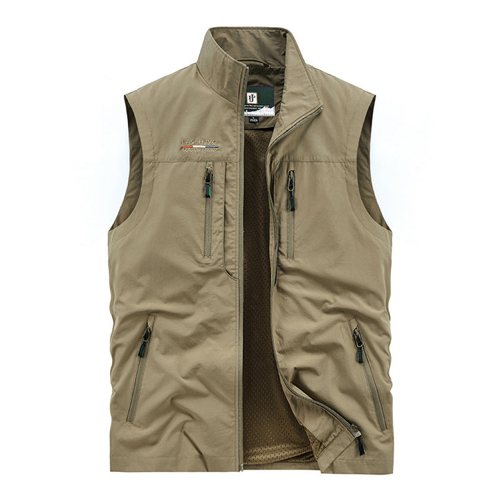Herren nan multifunktionale Outdoorweste mit Mesh-Innenfutter, mehreren Reißverschlusstaschen und hohem Stehkragen Drune