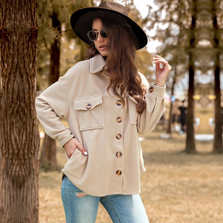 Damen Oversized Teddy-Shacket mit Knopfleiste, aufgesetzten Pattentaschen und weichem Futter Drune