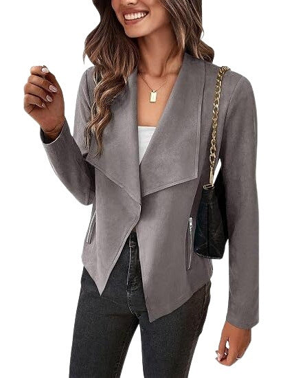 Damen Velourslederimitat-Wasserfallblazer mit asymmetrischem Saum und Reißverschlusstaschen Drune