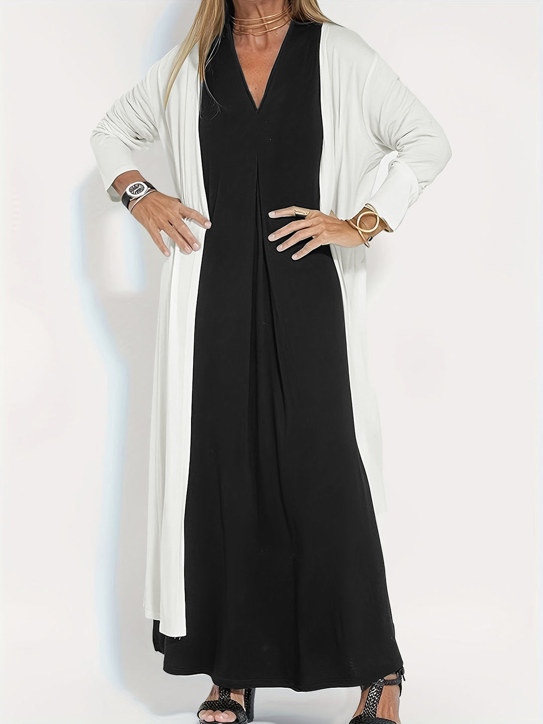 Damen Langer Offener Jersey-Cardigan mit Eingrifftaschen und fließender Drapierung Drune