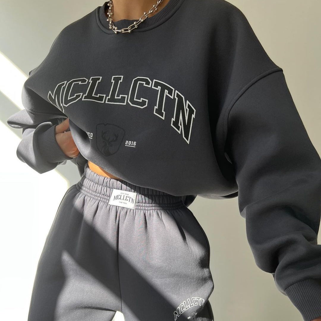 Damen Oversized College-Sweatshirt und High-Waist-Jogger-Set aus French-Terry Drune