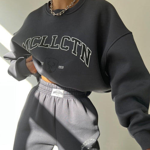 Damen Oversized College-Sweatshirt und High-Waist-Jogger-Set aus French-Terry Drune