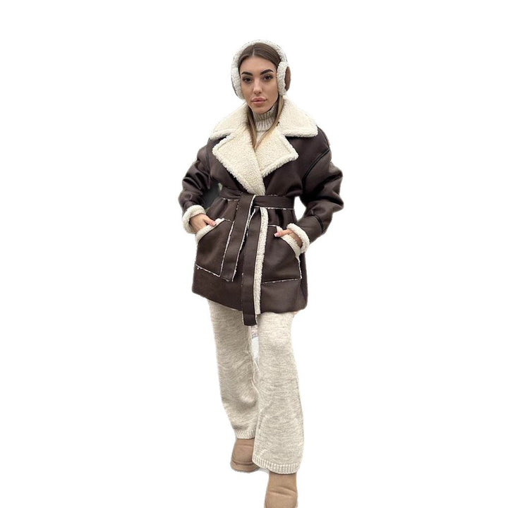 Damen Oversize-Lammfellimitat-Mantel mit kontrastierendem Schalkragen und Bindegürtel Drune