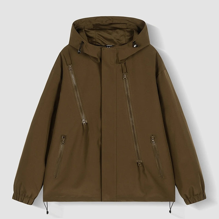 Damen Kurze technische Kapuzenjacke mit asymmetrischen Reißverschlüssen & Kordelzug Drune