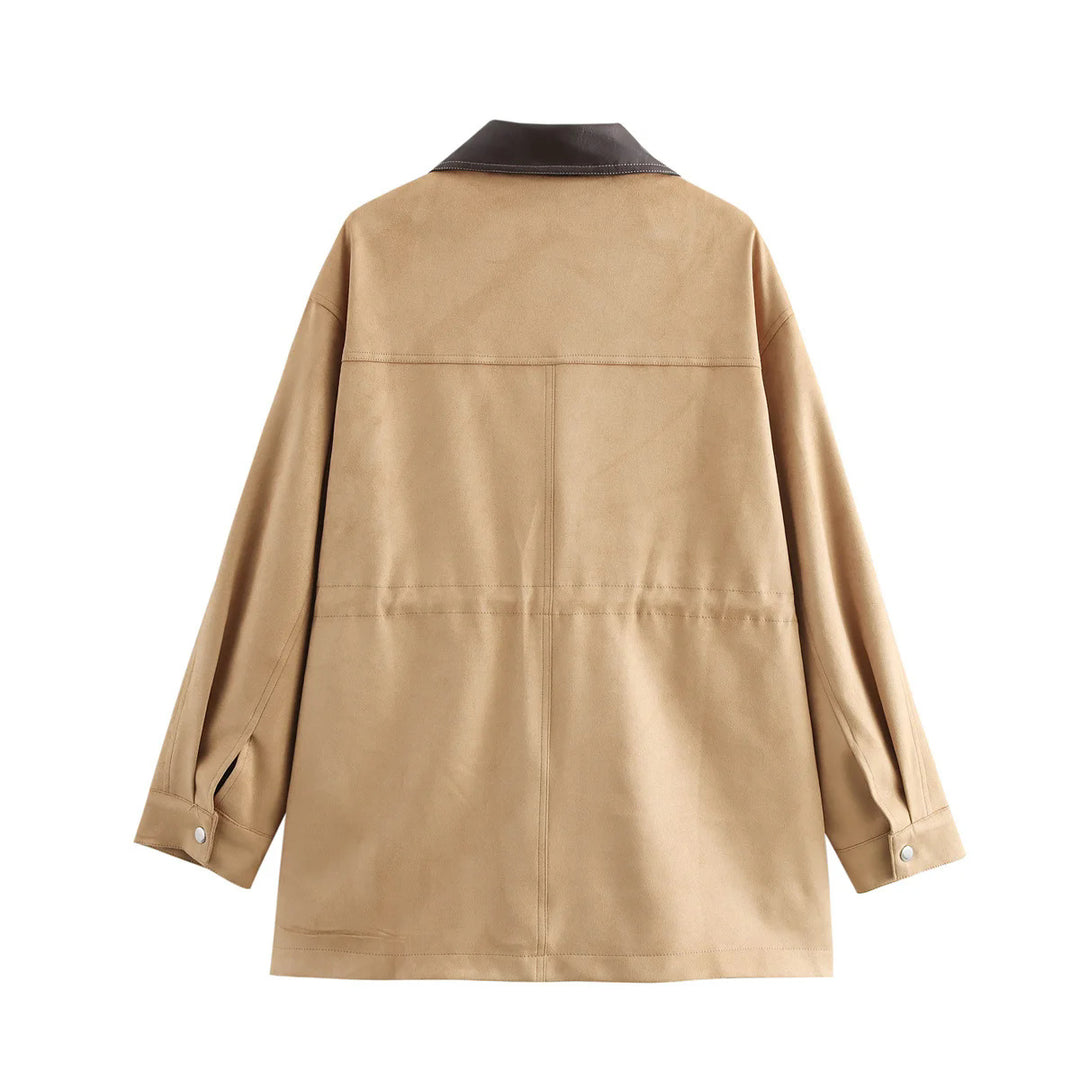 Damen nan oversized Fieldjacke mit kontrastierendem Lederkragen, verdecktem Reißverschluss und großen aufgesetzten Klappentaschen Drune