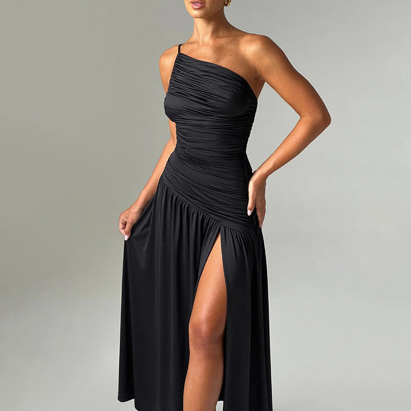 Damen Elegantes Maxikleid mit einseitigem Träger und hohem Schlitz Drune