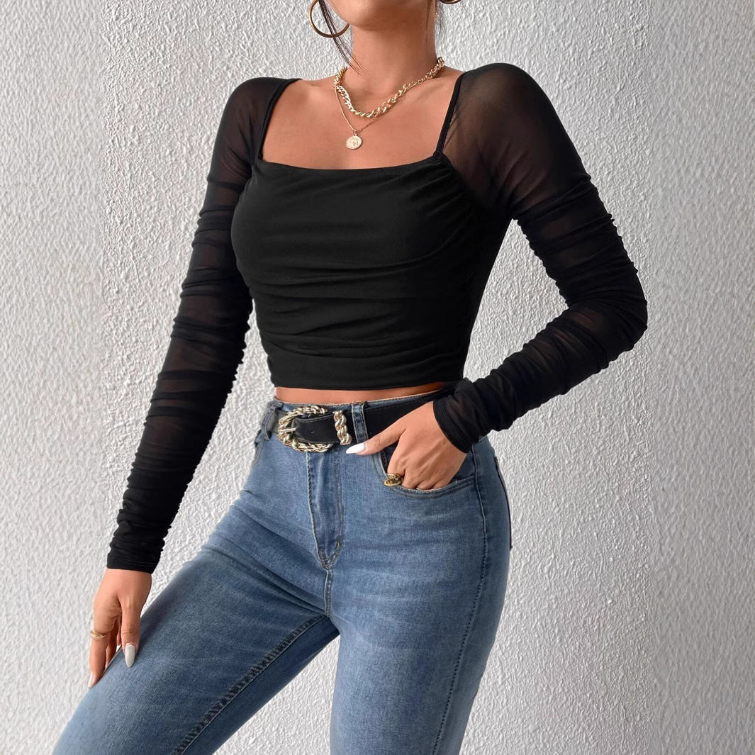 Damen Cropped Oberteil mit transparenten Ärmeln Drune