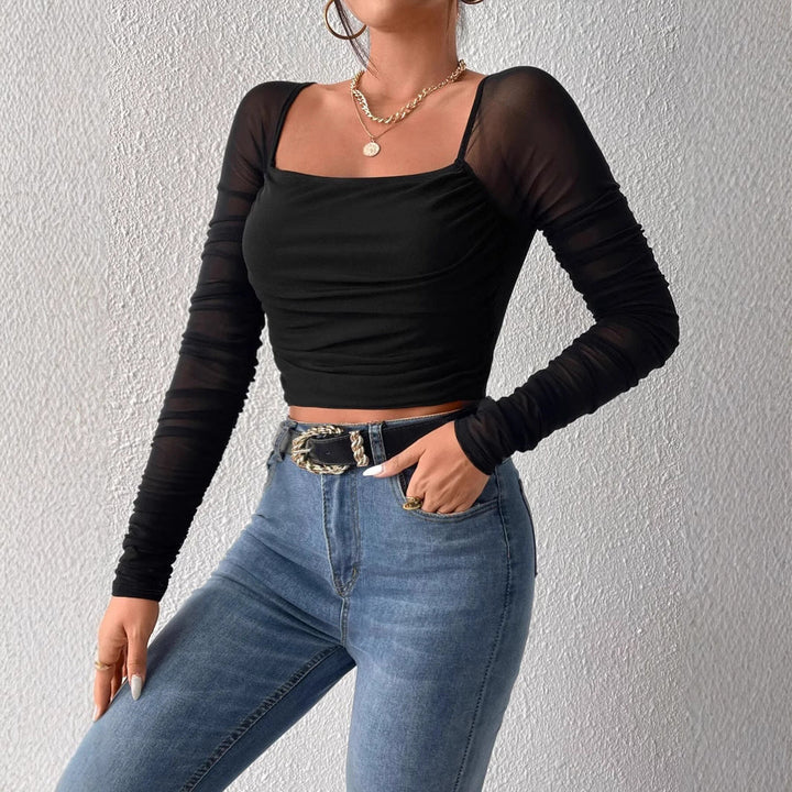 Damen Cropped Oberteil mit transparenten Ärmeln Drune