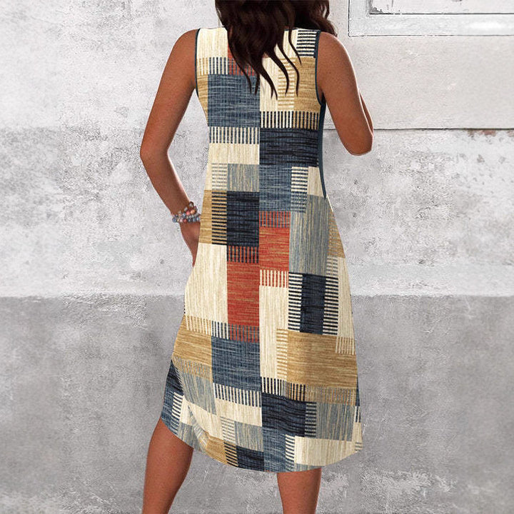 Damen nan ärmelloses V-Ausschnitt Midikleid mit diagonalem Patchworkmuster und geripptem Oberteil Drune