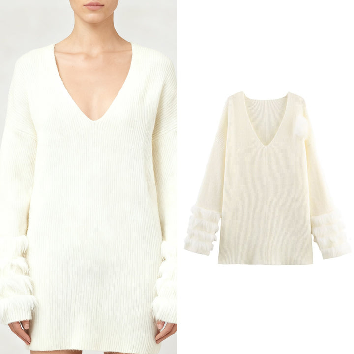 Damen Feinstrick-Minikleid mit tiefem V-Ausschnitt und gestuften Faux-Fur-Ärmeln Drune