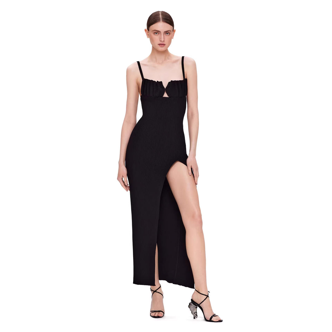 Damen figurbetontes Maxi-Kleid mit raffiniertem Schlitz und gepolsterten Trägern Drune
