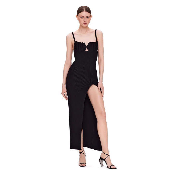 Damen figurbetontes Maxi-Kleid mit raffiniertem Schlitz und gepolsterten Trägern Drune