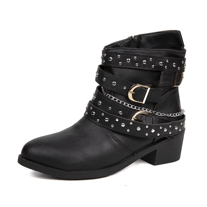 Damen Stiefeletten mit modischen Schnallen und dekorativen Nieten Drune