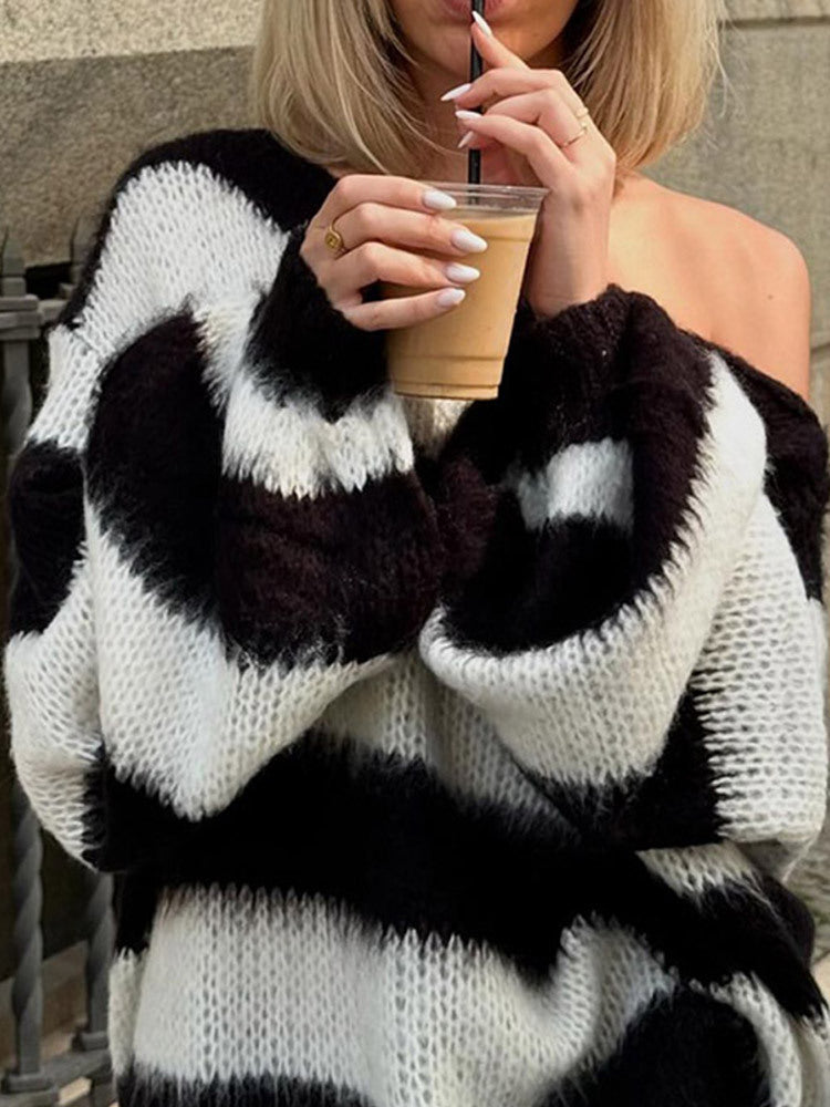 Damen Oversized Strickpullover mit breiten Streifen Drune
