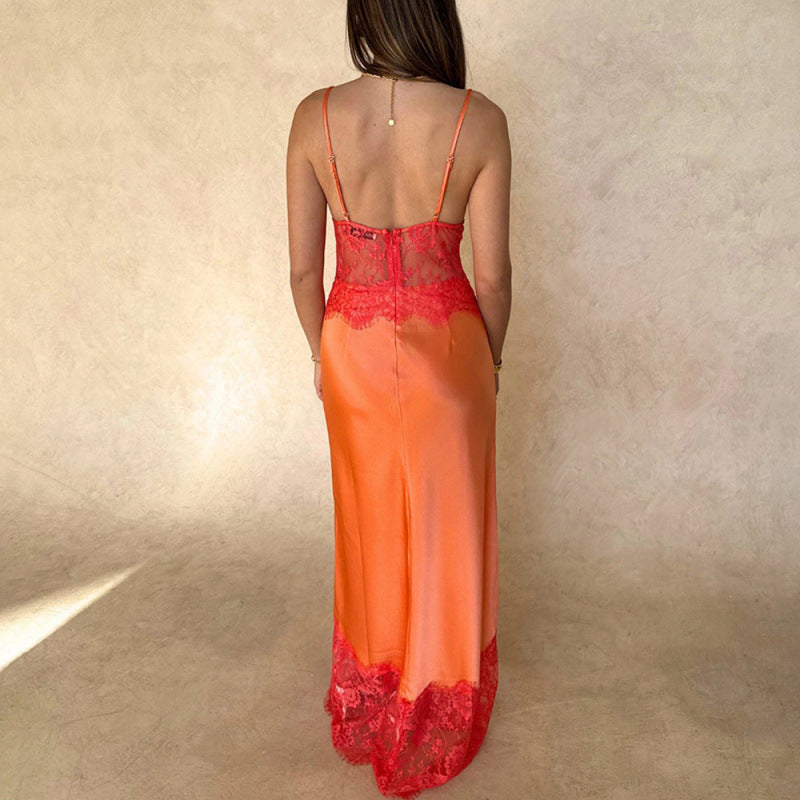 Damen Elegantes Nachtkleid mit transparentem Spitzeneinsatz und verstellbaren Trägern Drune