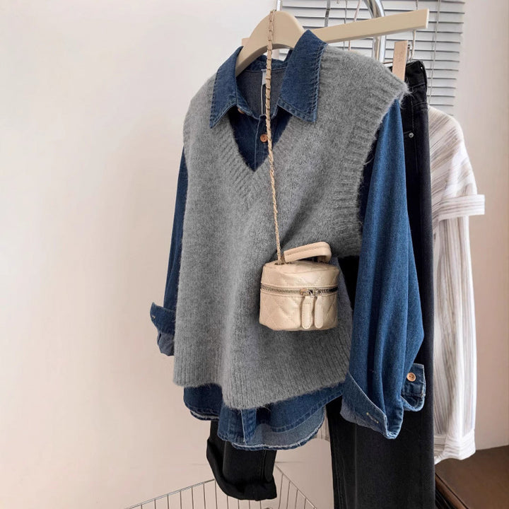 Damen stylischer V-Ausschnitt Strickpullover mit lässigem Denim-Layering Drune