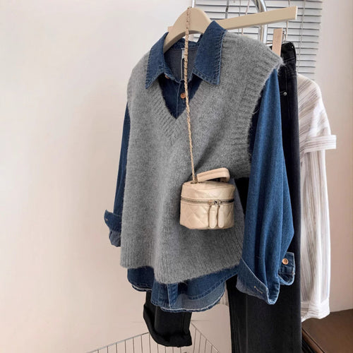 Damen stylischer V-Ausschnitt Strickpullover mit lässigem Denim-Layering Drune