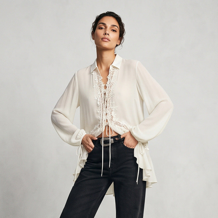 Damen Transparente Chiffonbluse mit Spitzenbesatz, Bindeband & asymmetrischem Volant-Saum Drune