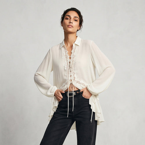 Damen Transparente Chiffonbluse mit Spitzenbesatz, Bindeband & asymmetrischem Volant-Saum Drune